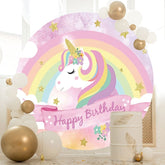 Aperturee - Pink Rainbow And Unicorn Round Happy Birthday Backdrop